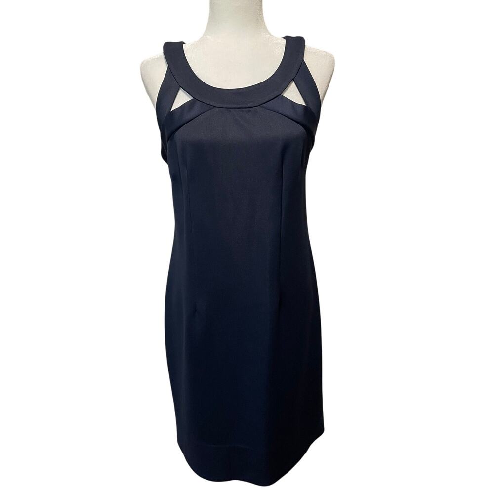 Gretchen Scott Jersey Isosceles Dress Sz M Navy Sleeveless Cutouts Timeless Chic